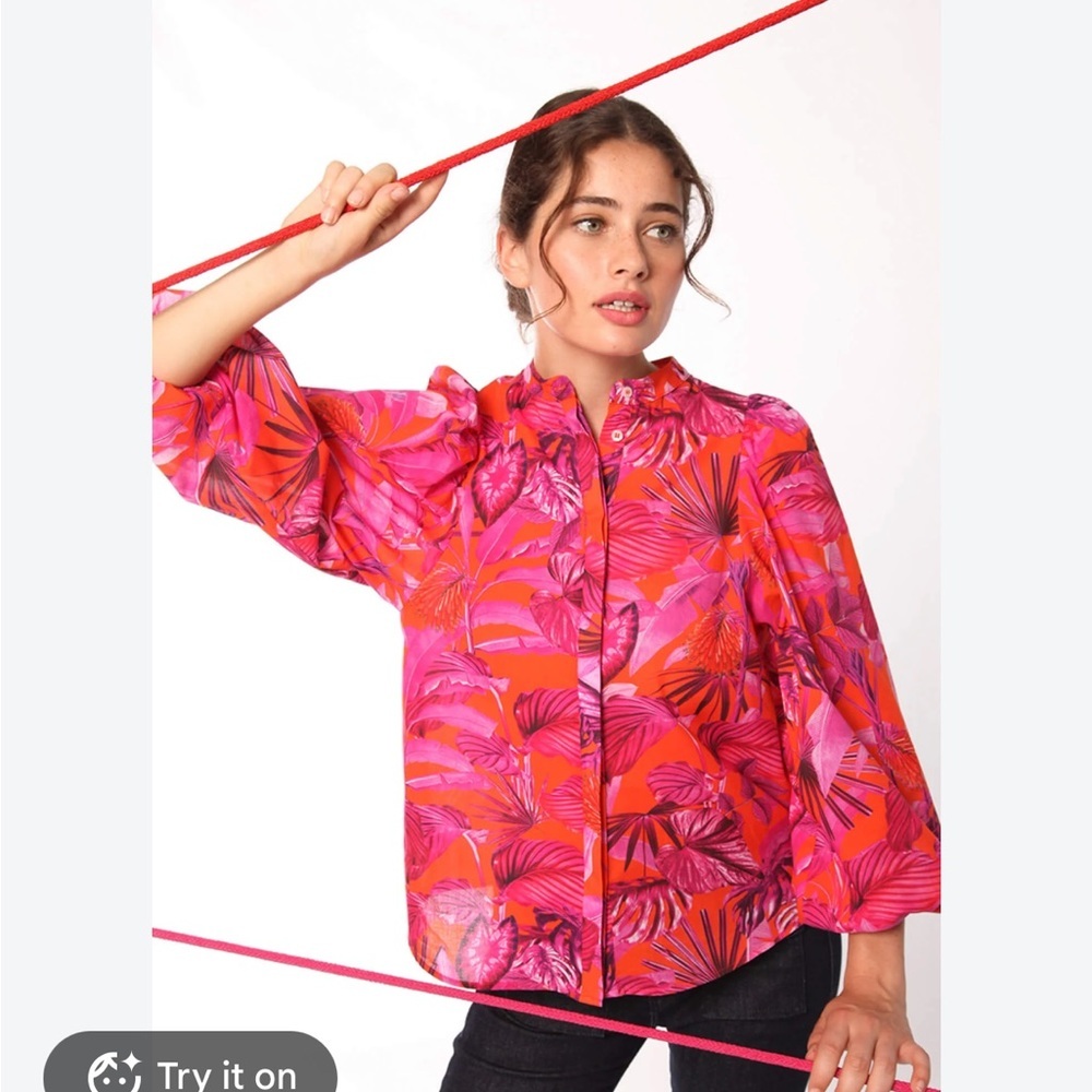 Vilagallo Pink and Orange Jungle Tropical Print Blouse Size 38